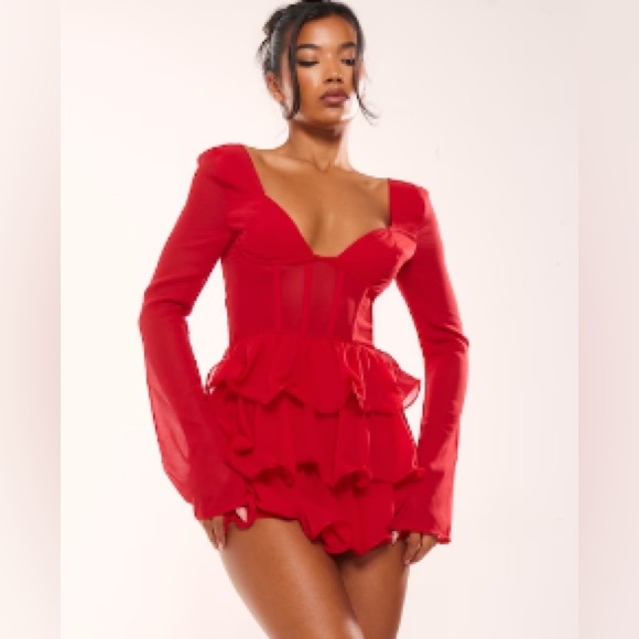 PrettyLittleThing Pants - NWOT PRETTY LITTLE THING Red Frill Detail Sheer Panel Long Sleeve Romper